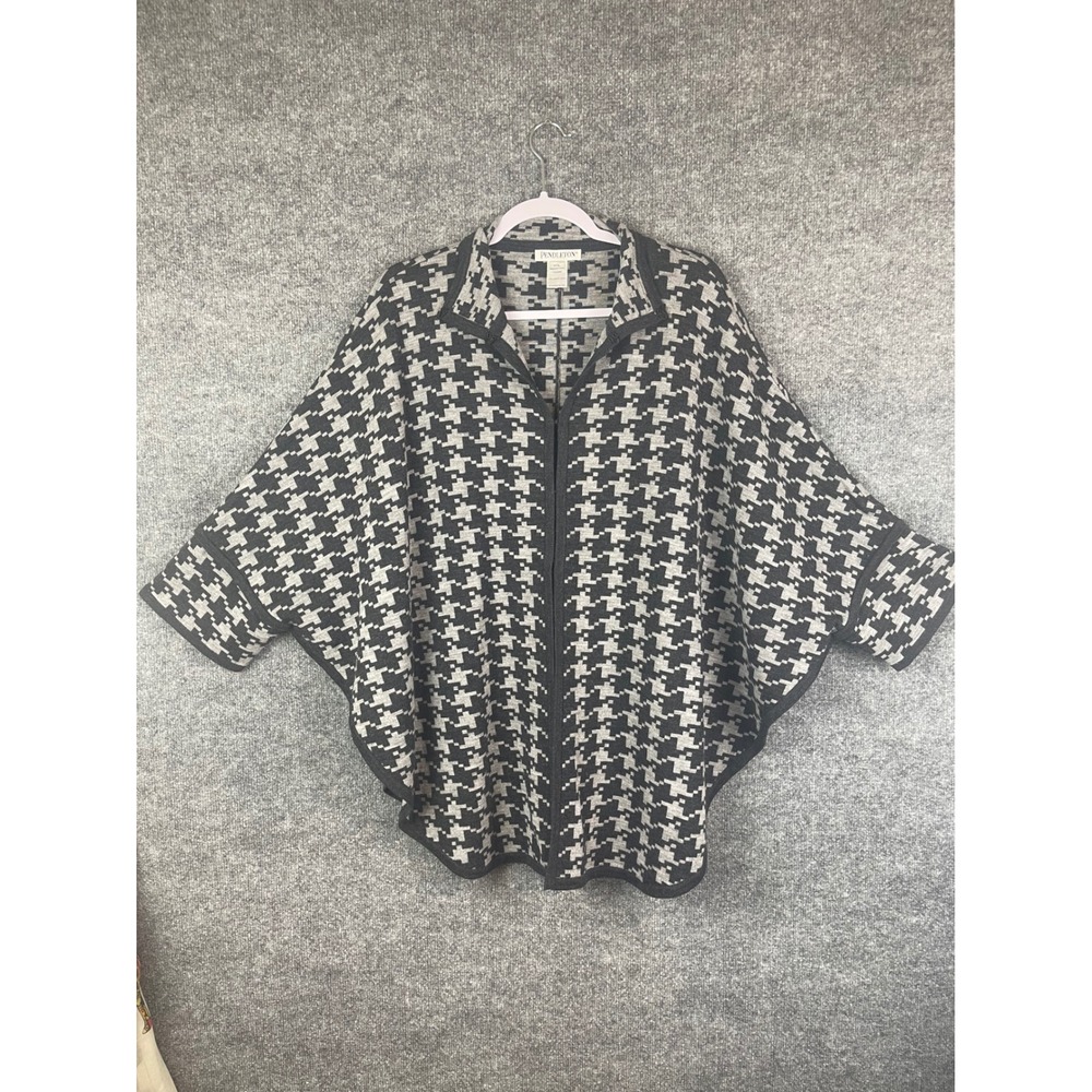 Pendleton Cape Women M/L Black Grey Excellent Merino Wool Houndstooth Wrap